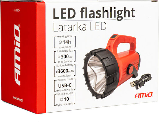 AMiO Rechargeable Handheld Spotlight LED with Maximum Brightness 300lm Red