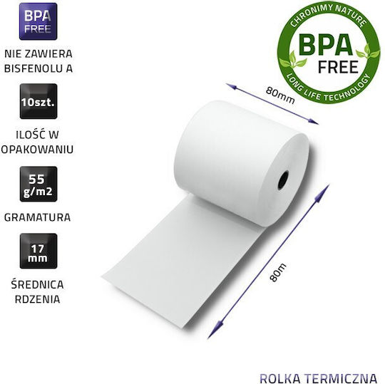 Qoltec Cash Register Paper Tape W80xD80mm 55gr/m² 10pcs