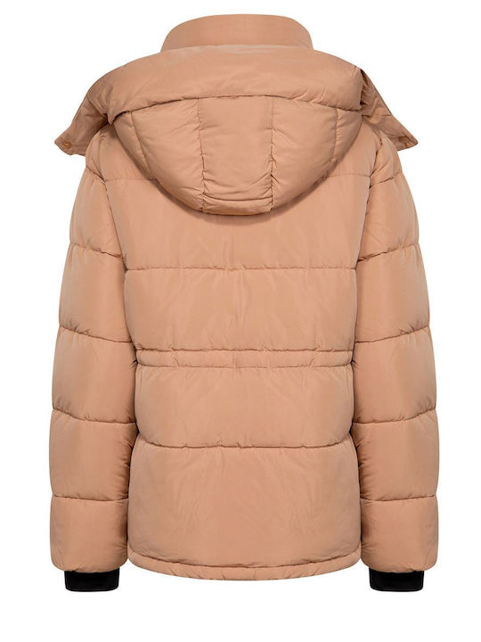 DKNY Women's Short Puffer Jacket for Winter with Hood Brown