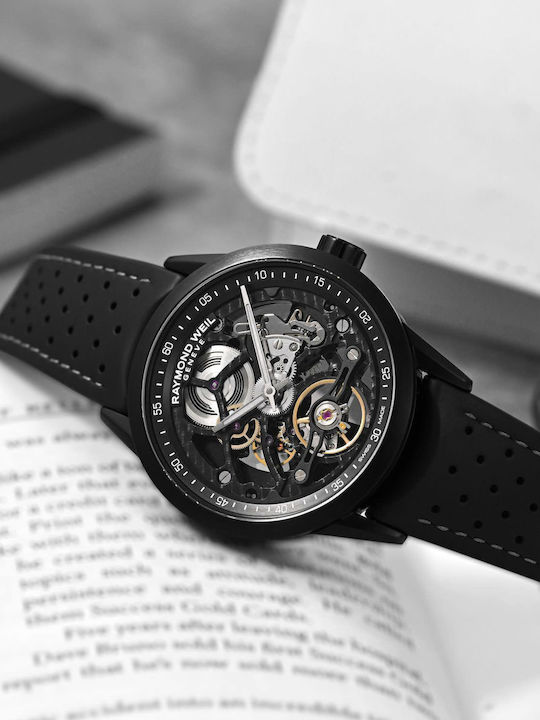 Raymond Weil Ανδρικό Ρολόι 42mm Αυτόματο με Μαύρο Δερμάτινο Λουράκι