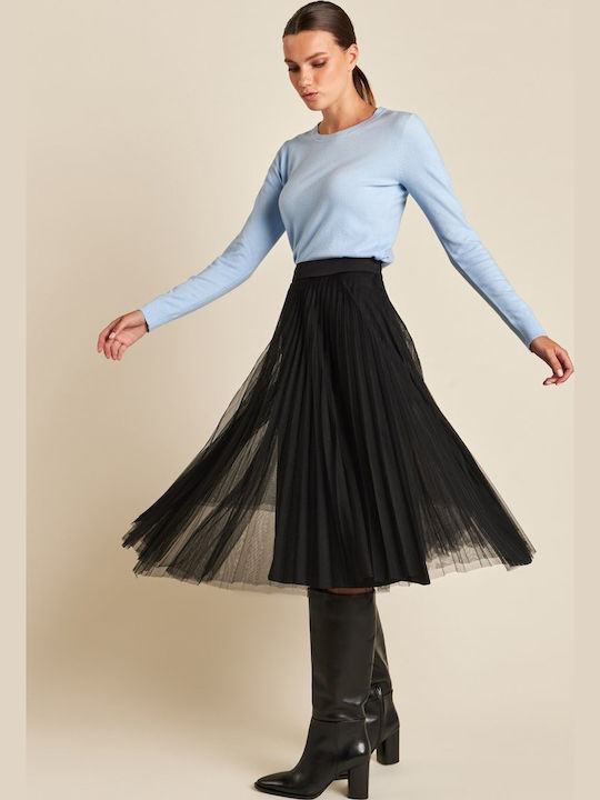 Pleated High-waisted Midi Skirt with Tulle Black