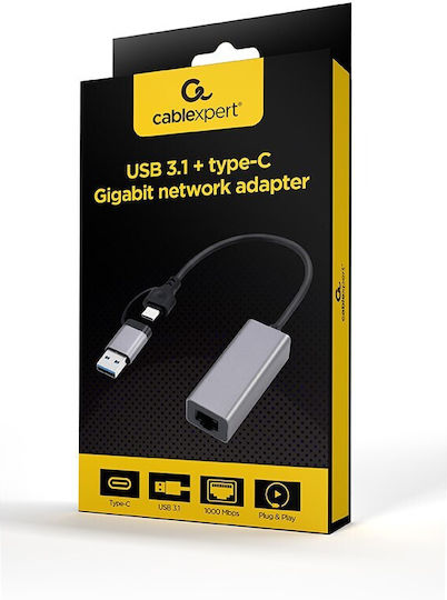 Gembird A-USB3AC-LAN-01 Αντάπτορας Δικτύου USB-C με Ενσύρματη Σύνδεση Gigabit Ethernet