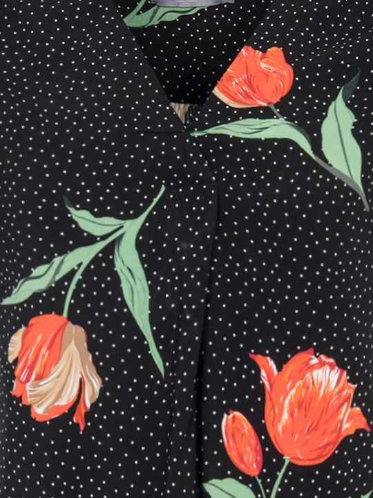 Women's Blouse Short Sleeve with V Neckline Polka Dot Black
