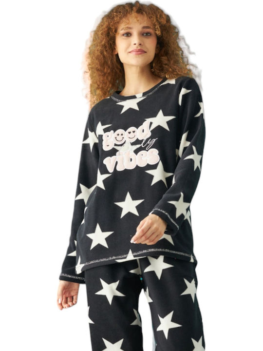 Siyah Inci Χειμερινό Fleece Γυναικείο Νυχτικό Μαύρο