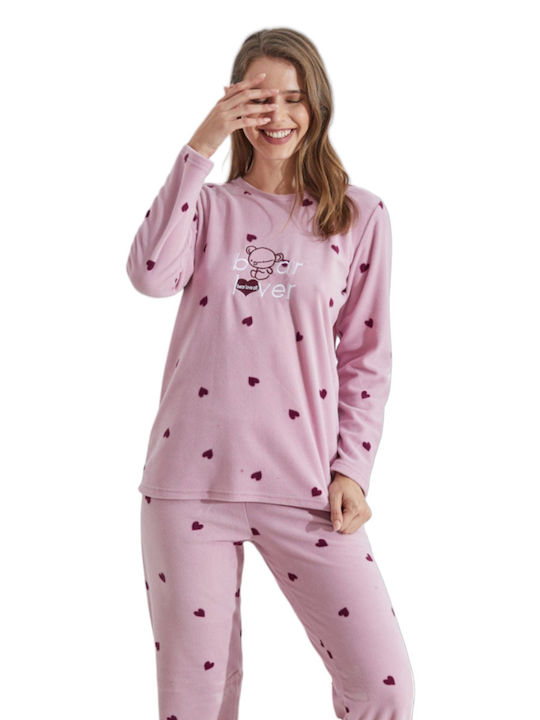 Siyah Inci Winter Fleece Women's Nightdress Pink Bear