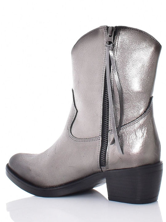 Δερμάτινα Γυναικεία Μποτάκια Cowboy με Μεσαίο Τακούνι Ασημί