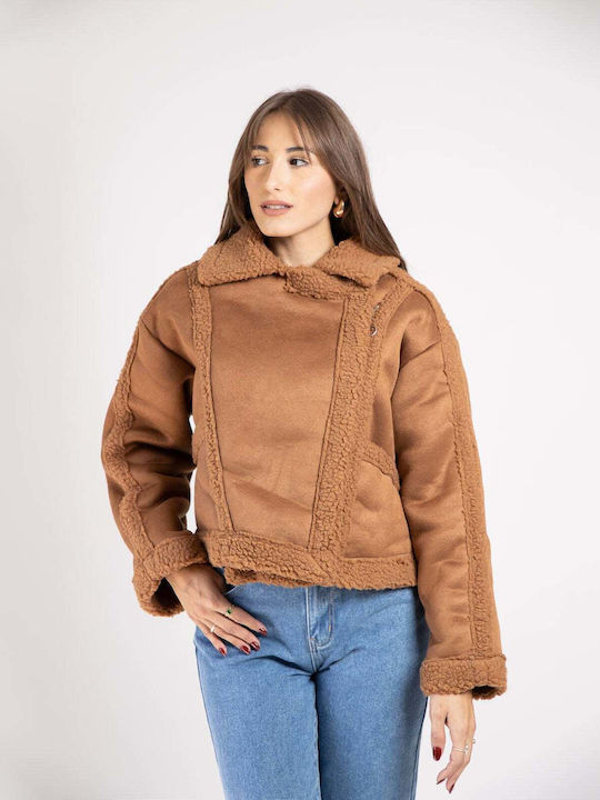 Fashioncore Women's Short Puffer Suede Jacket for Winter Brown