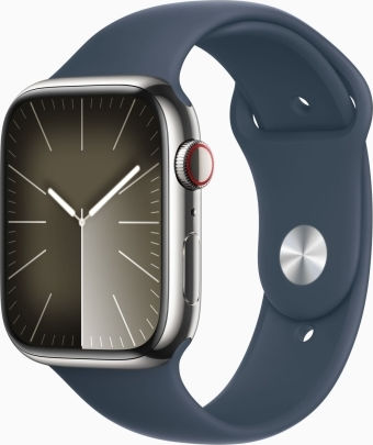 Apple Apple Watch Series 9 Aluminium 45mm Waterproof with Heart Rate Monitor (Silver with Storm Blue Sport Band - S/M)