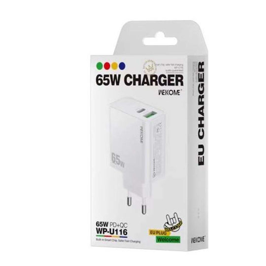 WK Φορτιστής Χωρίς Καλώδιο με Θύρα USB-A και Θύρα USB-C 65W Power Delivery / Quick Charge 3.0 Λευκός (WP-U116)