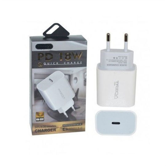 Treqa Ladegerät ohne Kabel mit USB-C Anschluss 18W Stromlieferung Weißs (CS-222)