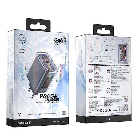 Acefast Φορτιστής Χωρίς Καλώδιο GaN με Θύρα USB-A και 2 Θύρες USB-C 65W Power Delivery / Quick Charge 3.0 Dark Gray (A45)
