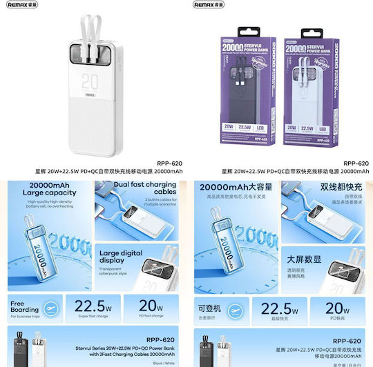 Remax RPP-620 Power Bank 20000mAh με Θύρα USB-A Power Delivery Λευκό