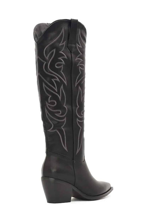 Azarey Leather Medium Heel Cowboy Boots Black