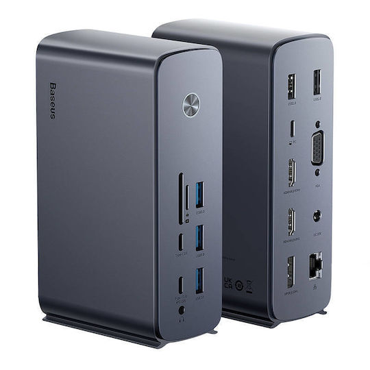 Baseus UnionJoy USB-C Докинг станция с HDMI/DisplayPort 4K PD Етърнет и свързване 2 монитора Сив