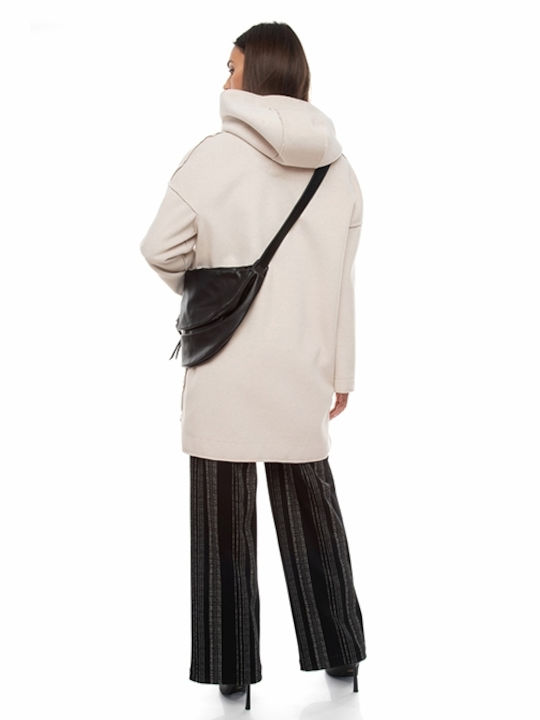 Eleria Cortes Women's Short Half Coat with Buttons and Hood Beige