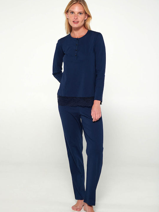 Vamp Winter Damen Pyjama-Set Baumwolle Blau