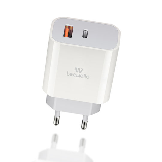 Leewello с USB-A порт и USB-C порт и кабел Lightning 20W Бял (Lw-153)