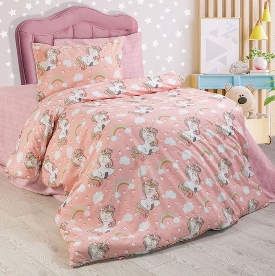 Linea Home Комплект чаршафи Единично от Памук и Полиестер Еднорог Розов 160x240см 2бр