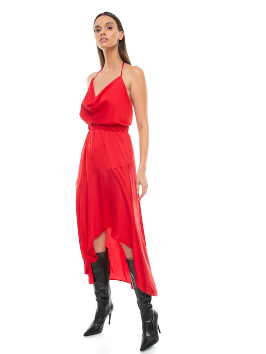 Raffaella Collection Midi Dress Satin Draped with Ruffle Red