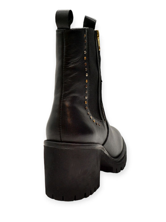 Leder Damen Stiefeletten mit Mittelhohem Absatz Schwarz