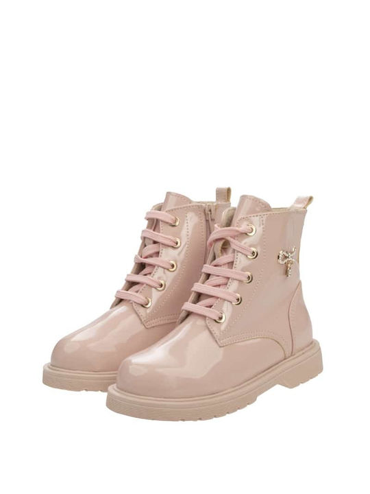 Scarpy Kids PU Leather Anatomic Military Boots with Zipper Pink