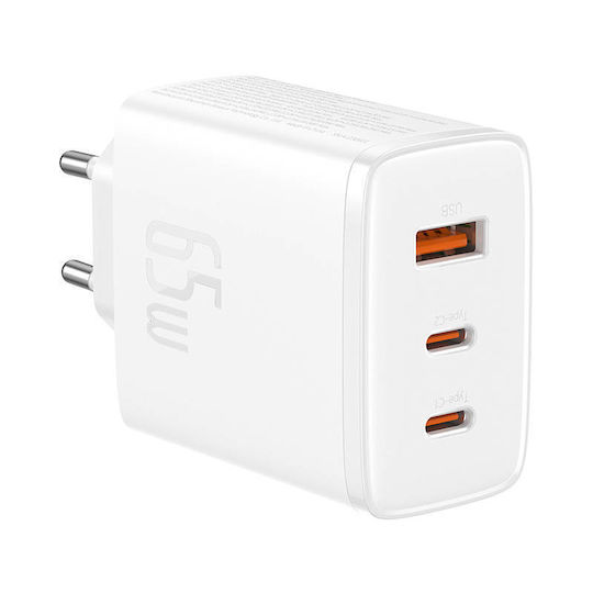 Baseus Mobile Phone Charger Without Cable GaN with USB-A Port and 2 USB-C Ports 65W Power Delivery Quick Charge 3.0 White (Cube Pro)