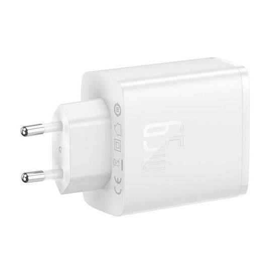 Baseus Mobile Phone Charger Without Cable GaN with USB-A Port and 2 USB-C Ports 65W Power Delivery Quick Charge 3.0 White (Cube Pro)