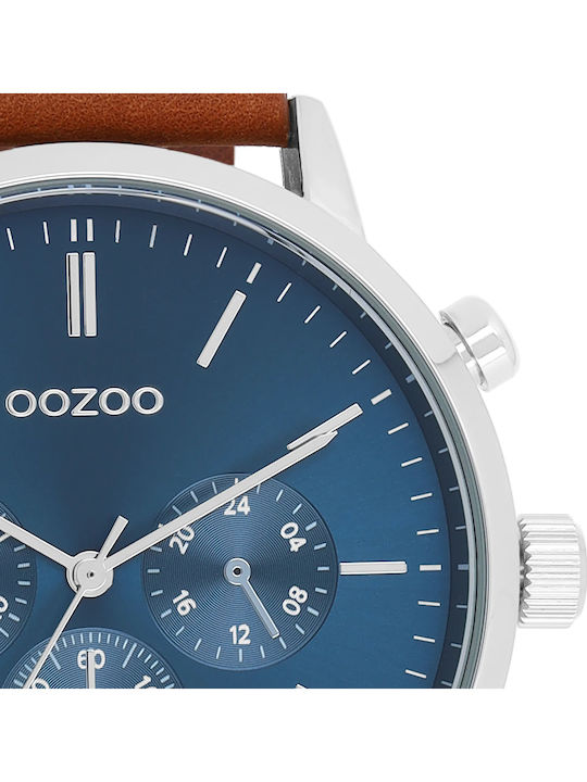 Oozoo Timepieces Ανδρικό Ρολόι 50mm Χρονογράφος Μπαταρίας με Καφέ Δερμάτινο Λουράκι