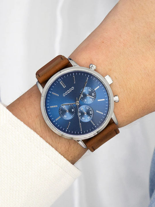 Oozoo Timepieces Ανδρικό Ρολόι 50mm Χρονογράφος Μπαταρίας με Καφέ Δερμάτινο Λουράκι