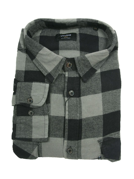 Double Men's Shirt Long Sleeve Flannel Checked Khaki