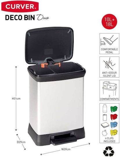 Curver Metallic Recycling Waste Bin with Pedal Silver 18lt