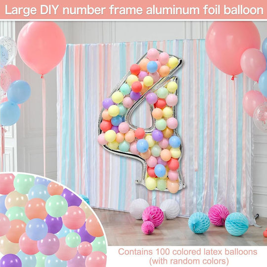 Composition with 101 Balloons Silver Numbers 4 165cm