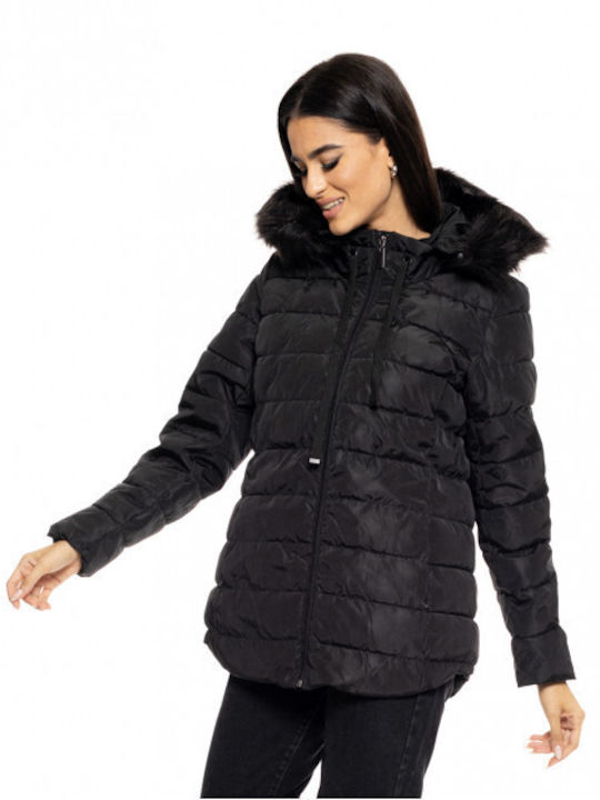 Splendid Women's Short Puffer Jacket for Winter with Detachable Hood Black