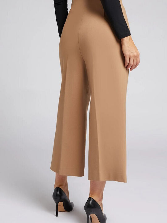 Luisa Viola Women's High-waisted Fabric Capri Trousers with Elastic in Loose Fit Beige