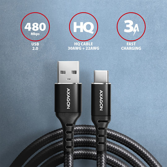 Axagon Braided USB 2.0 Cable USB-C male - USB-A Μαύρο 1m BUCM-AM10AB