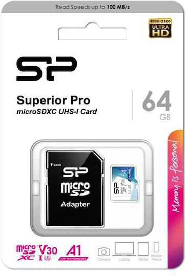 Silicon Power Superior Pro microSDXC 64GB U3 V30 A1 UHS-III 100MB/s with Adapter