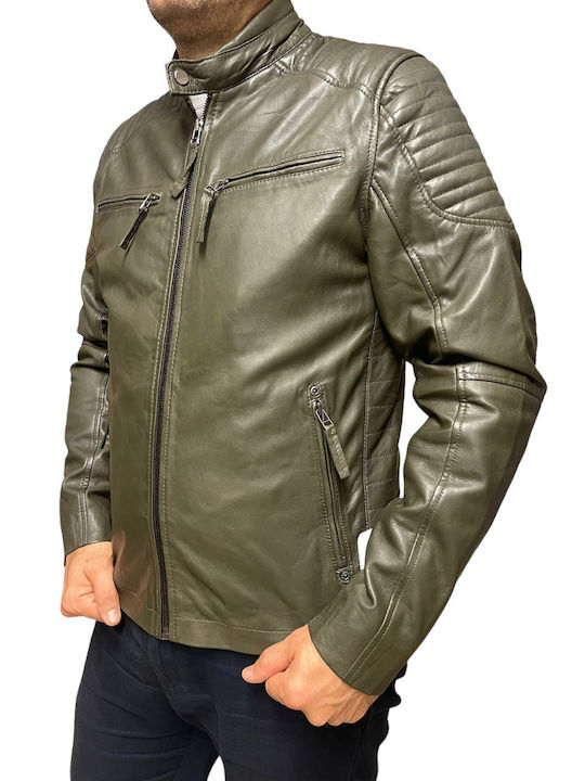 MARKOS LEATHER Ανδρικό Δερμάτινο Χειμωνιάτικο Μπουφάν Biker Χακί