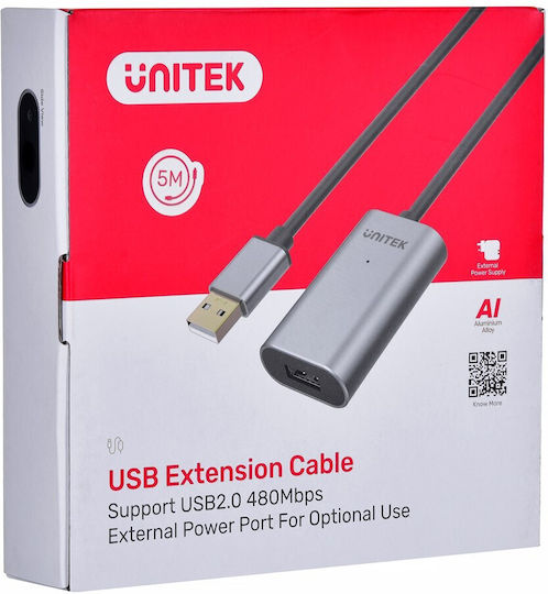 Unitek USB 2.0 Кабел USB-A мъжки - USB-A женски Черен 5м Y-271