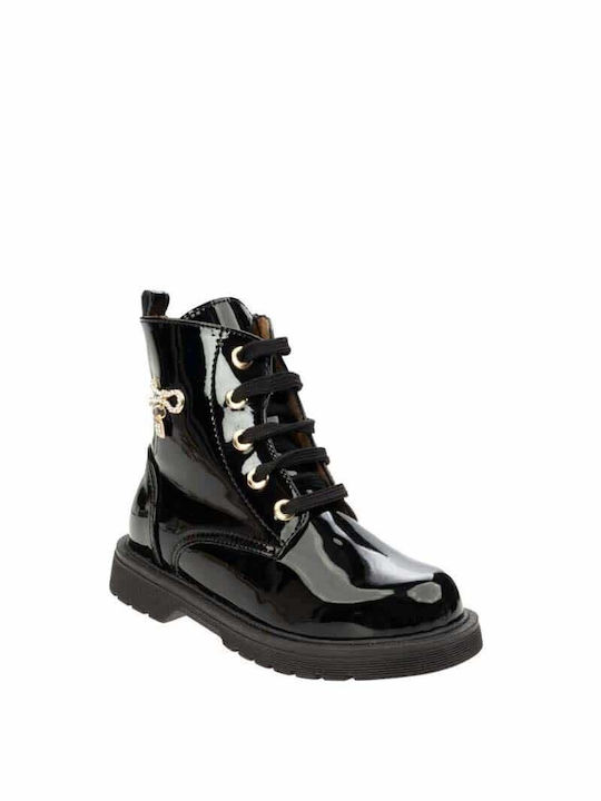 Scarpy Kids Patent Leather Military Boots with Zipper Black