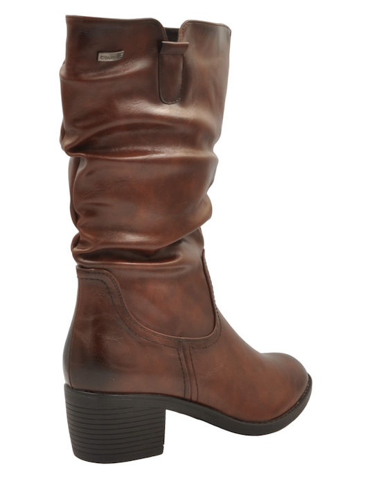 Blondie Synthetic Leather Medium Heel Women's Boots with Zipper Brown