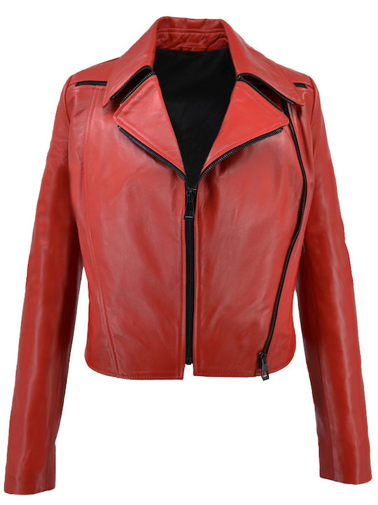 Δερμάτινα 100 Women's Short Lifestyle Leather Jacket for Winter Red