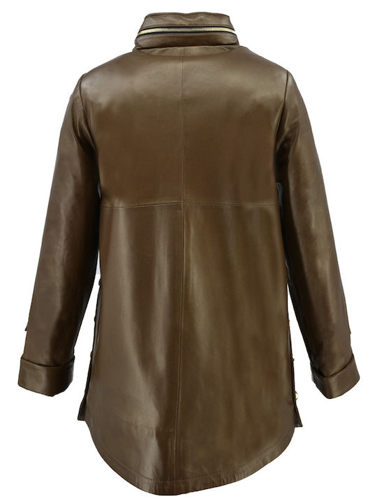 Δερμάτινα 100 Women's Short Lifestyle Leather Jacket for Winter with Hood Brown