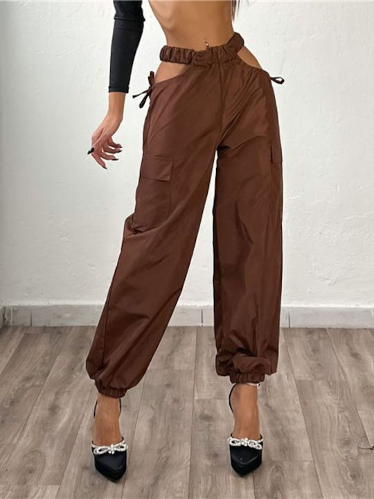 Chica Damen Hoch tailliert Stoff Cargo Hose Braun