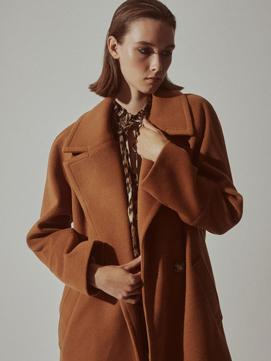 Damen Kamel Mantel Oversized mit Knöpfen