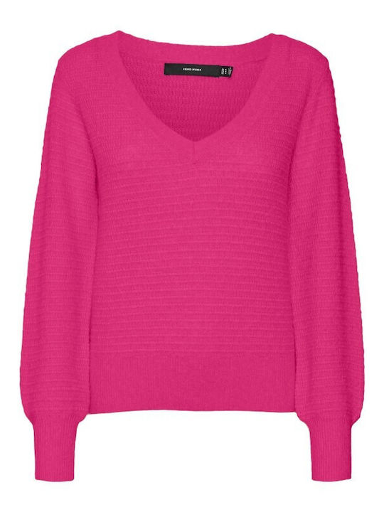 Vero Moda Women's Long Sleeve Sweater with V Neckline Fuchsia