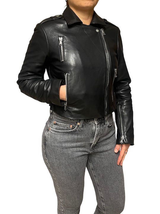 MARKOS LEATHER Women's Short Lifestyle Leather Jacket for Winter Black