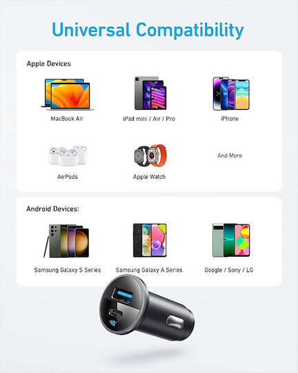 Anker Powerdrive Φορτιστής Αυτοκινήτου 52.5W 3A με Θύρες: 1xUSB 1xType-C Μαύρο Χρώμα
