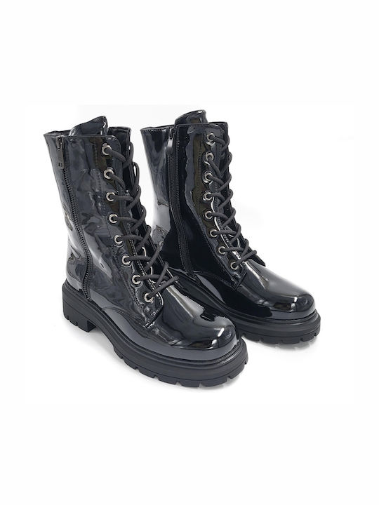 Plato Women's Patent Leather Combat Boots Black