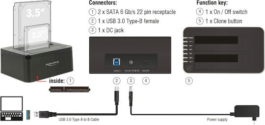 DeLock 62661 Docking Station pentru 2 Hard Disk-uri SATA 2.5" / 3.5" cu conectivitate USB 3.0 (62661)