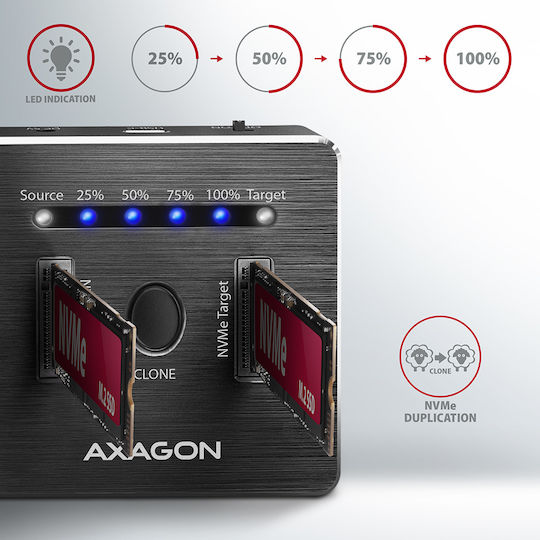 Axagon M.2 Storage Dual Us Docking Station για 2 Σκληρούς Δίσκους PCIe M.2(2230)" / M.2(2242)" / M.2(2260)" / M.2(2280)" με σύνδεση USB-C (ADSA-M2C)